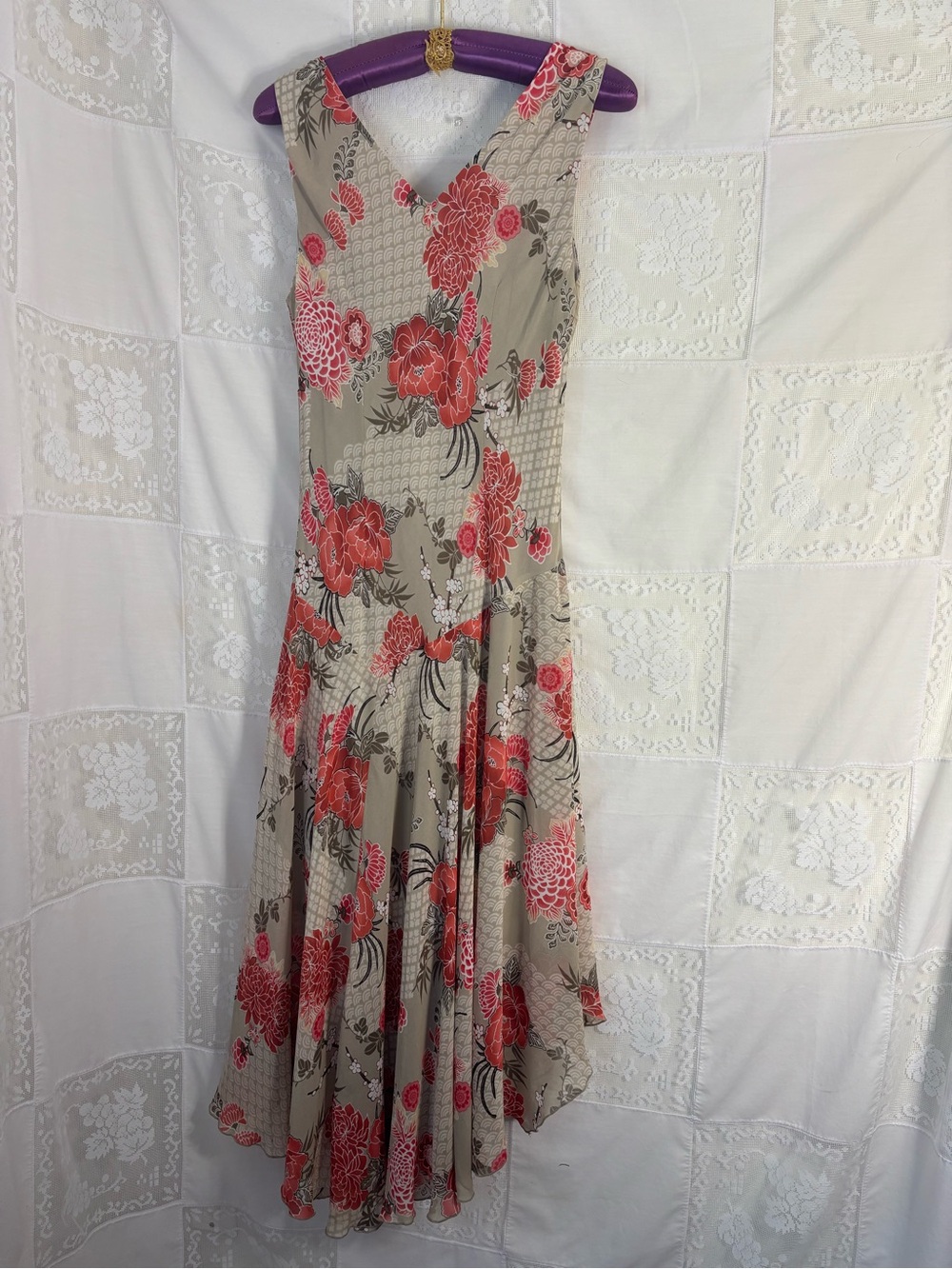 Tan+Red Floral Bias Cut Asymmetrical Hem Whimsy Cottage Fairy Dress Size M-L‎ - Picture 14 of 15